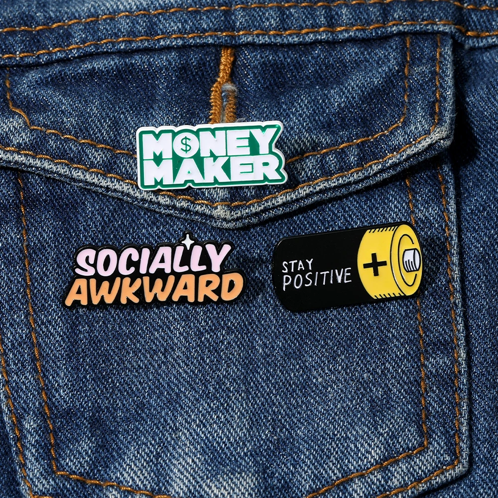 Funny Money Maker Letter Enamel Brooches Socially Awkward Words Pins Stay Positive Battery Badge