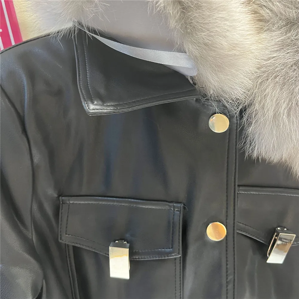 2023 neue Big Fox Pelz kragen Pu Ledermantel für Frauen Mode kurze Jacke Mantel koreanische Motorrad Lederjacken y4517