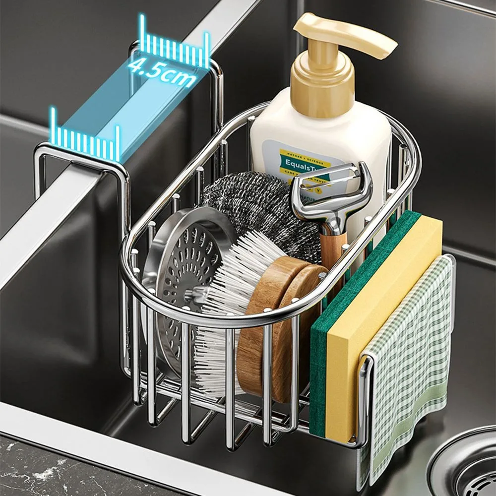 Wall Mounted Kitchen Sink Organizer Space Saving Stainless Steel Kitchen Storage Holder No Drill Hollow Drainage