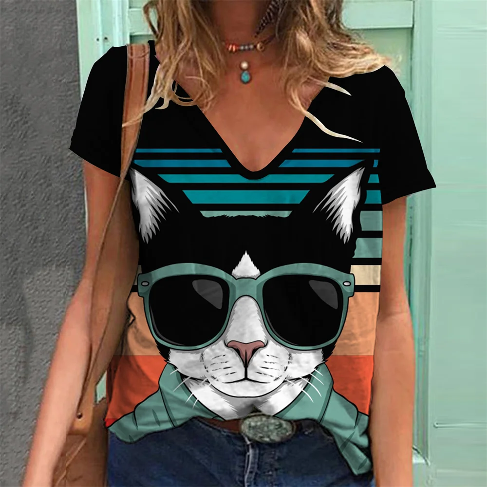 Cartoons Animals Funny Women T Shirt 2022 Summer Fashion Casual Pullover Tops Base V-Neck Short Sleeves Tees Print Girls T Shirt