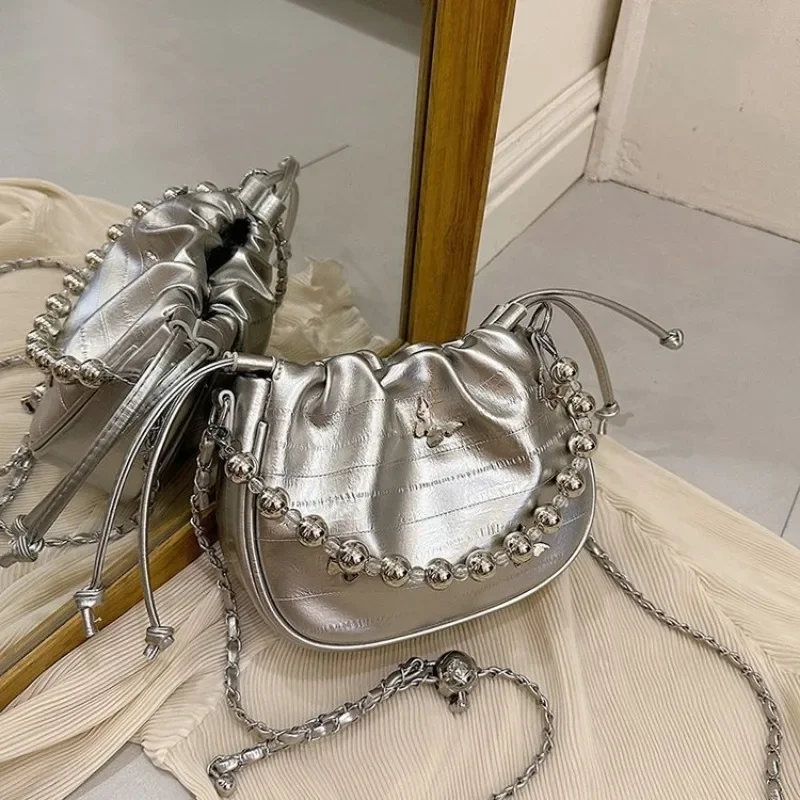 Premium Sense Niche Silver Bag Women\'s 2024 New Summer Versatile Chain Single Shoulder Messenger with Bucket Bag