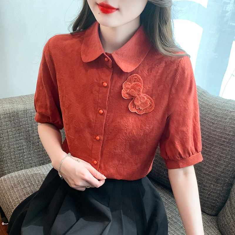 

Slimming Effectiven Cotton Embroidered irt Women Sweet Sle ort Sve Thin Material Commute Faion Straight Tube