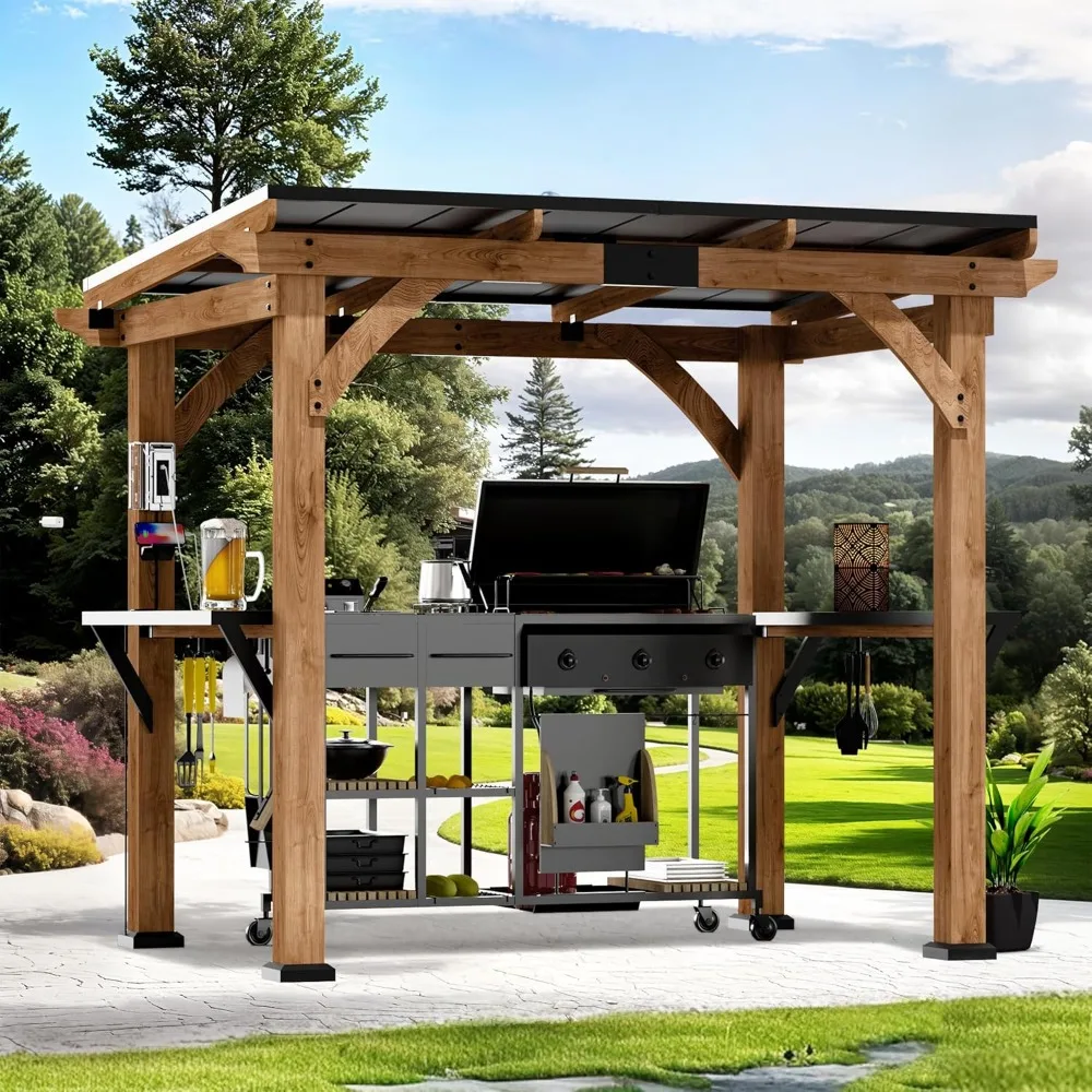 6' x 8' Grill Gazebo with Cedar Wood Frame, Galvanized Steel Roof, USB & USB-C Charging Ports, Side Shelves, Paper Towel Holder