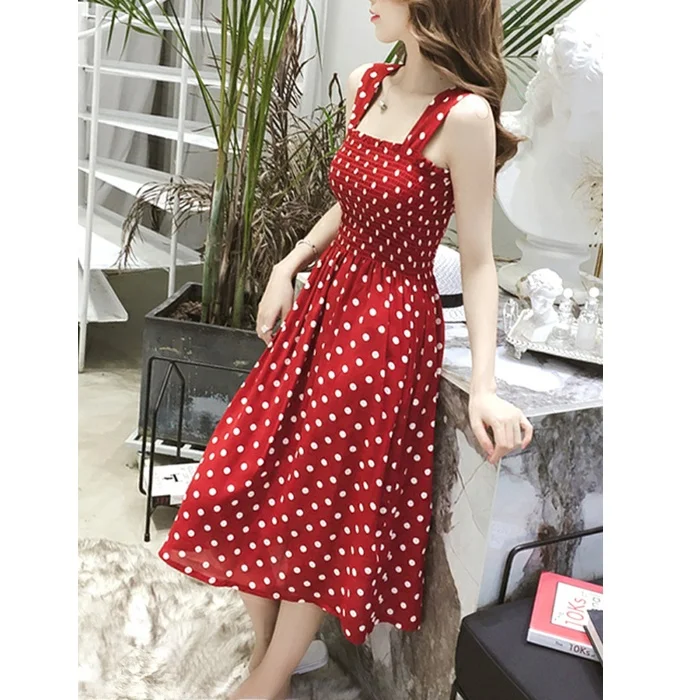 Summer 2023 Korean Sle Polka Dot ter Ne Midi Dr Women's Fre Sle Student Bubble Svel Skirt A-Line H-ape