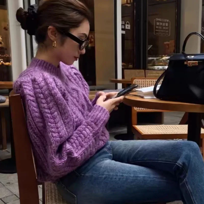 

Autumn high-end retro purple twist sweater, fashionable and exquisite commuter warm ladies long-sleeved pullover