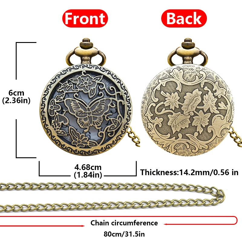 خمر انقطاع صدفي البرونزية الفراشة والزهور نحت الأزياء قلادة كوارتز ساعة الجيب الملحقات