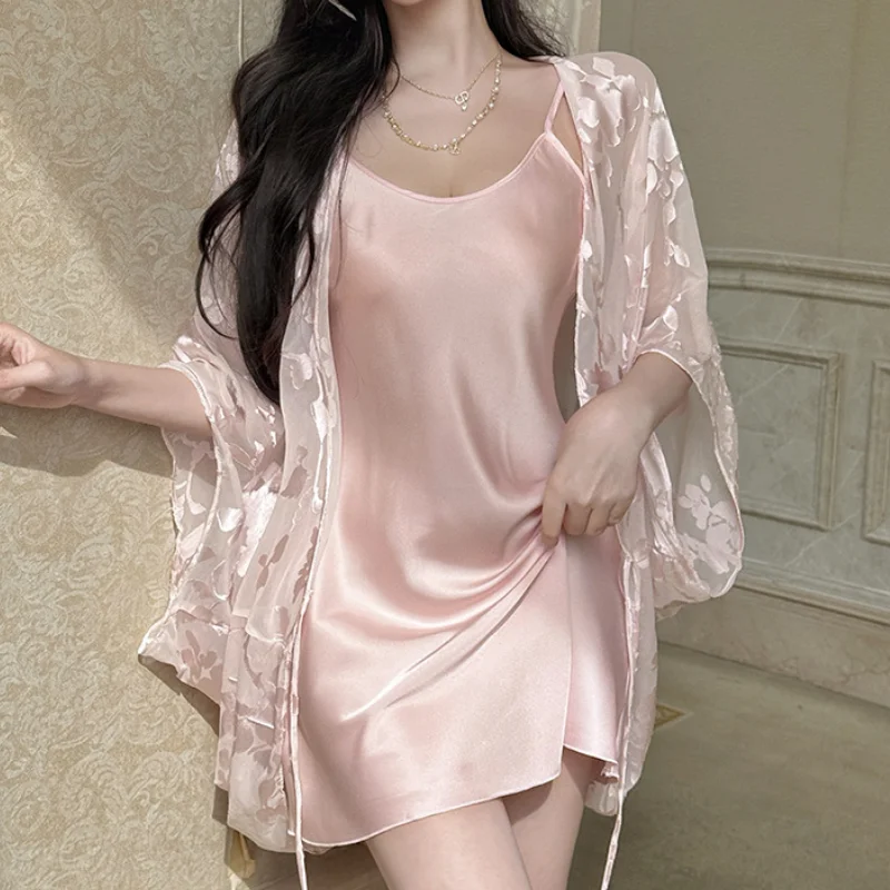 Elegant Nighty&Robe Set Nightgown Sexy Mesh Bathrobe Spaghetti Strap Nightdress Lingerie Sexy Vestidos De Novia Women Sleepwear