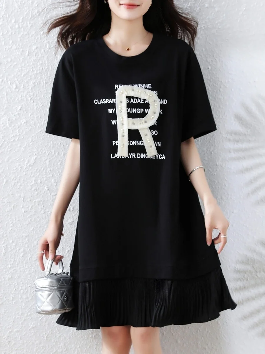 Vestido T-irt F Estilo Coreano Solto, Novo Vestido de Verão Plus Size com Capuz, Vestido Midi de Manga Curta que Cob...