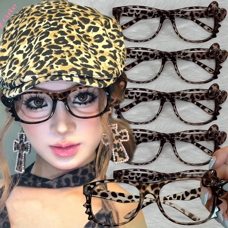 Cat Ear Leopard Bow Glasses Frame No Lenses Cosplay Vintage Kitten Halloween Party Costumes Props Decorative Y2K DIY Frames