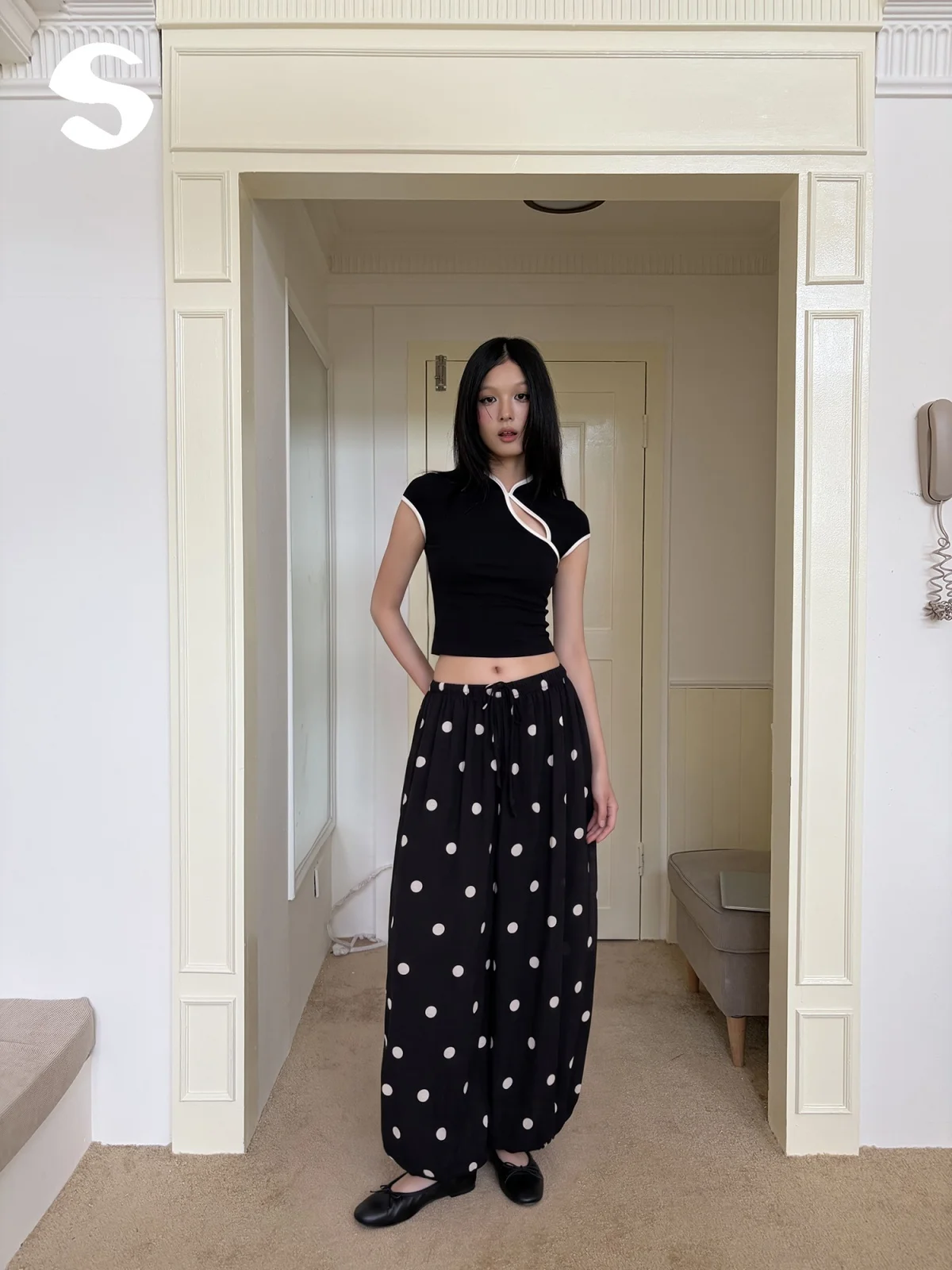 Summer Polka Dot Lantern Pants Women's Loose Lightweight Flared Cuffed Floral Pants Casual Wide Leg Trousers Breathable Skin-...