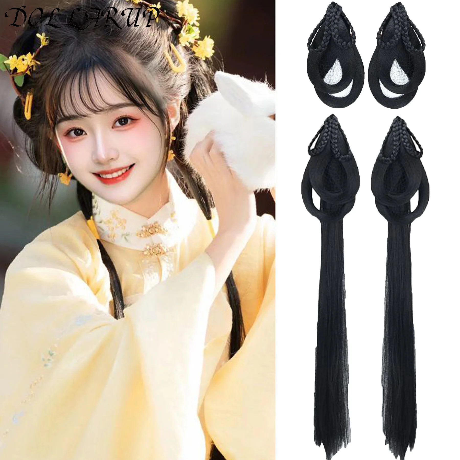 Chinese Ancient Wig Women Hanfu Wigs Headdress Photography Dance Accessory Wigs Black For Women Integrated Hair bun High tem