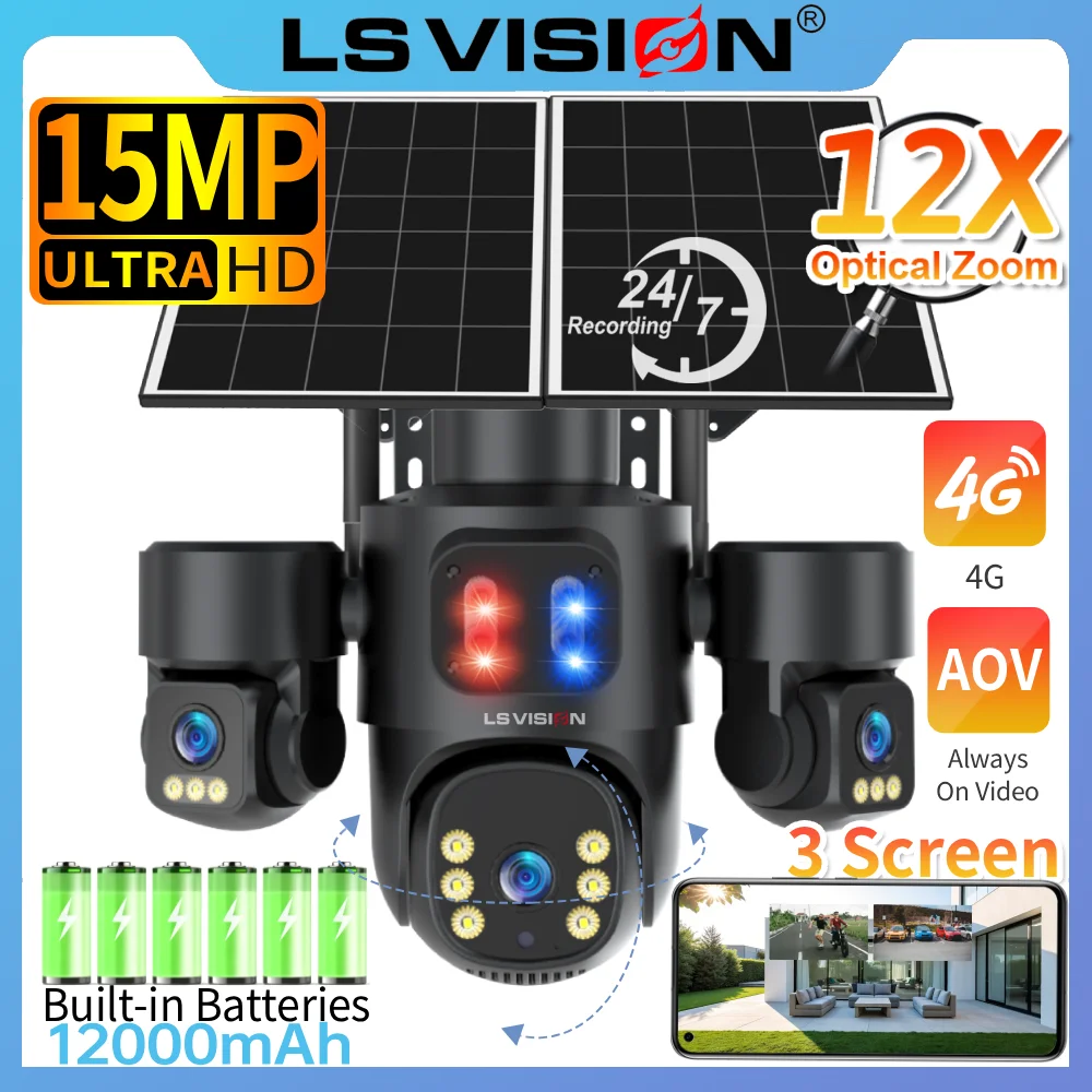 

LS VISION 15MP 24/7 Recording Solar Camera Security 4G SIM Outdoor 3-Screen 12X Zoom PIR Human Detect AOV Surveillance Cameras