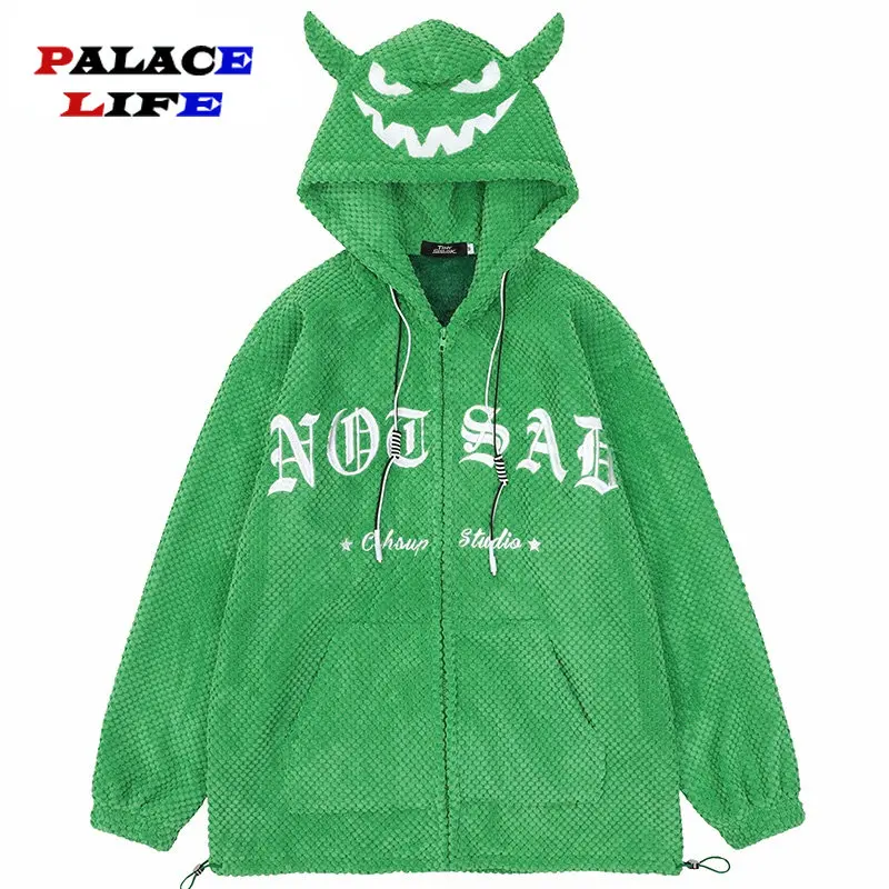 

Hip Hop Streetwear Men Jacket Coat Funny Devil Horn Design Hooded Jacket Harajuku Autumn Winter Jacket Hoodie Outwear Zipper Up