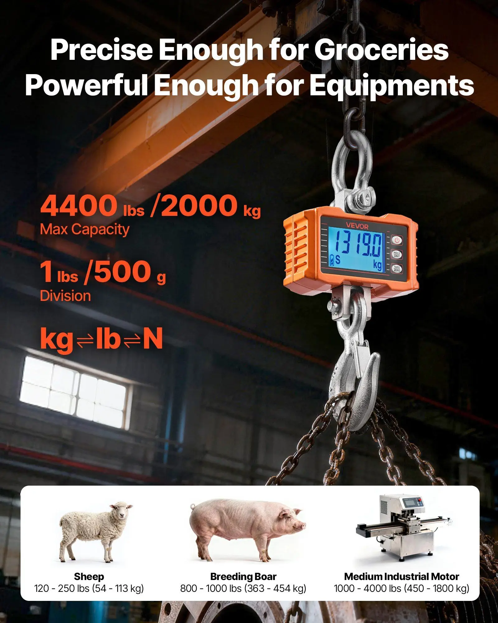 

Digital Crane Scale, 4400 lbs/2000 kg Max Capacity, Heavy Duty Industrial Hanging Scale with Cast Aluminum Case & LCD Display,