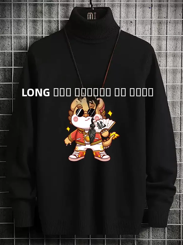 

Dragon Year High Collar Knitted Sweater Men's Autumn Winter Slim Fit Fce Lined Thiened New Sle Warm Knitwear