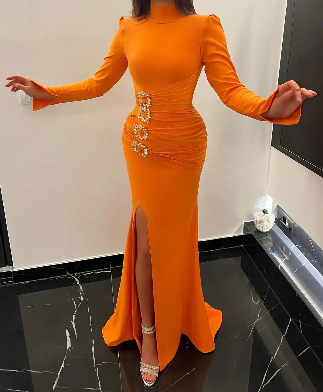 Customized Exquisite Jersey Straight Crystal Evening Dresses High Neckline Long Sleeves Panel Train Bespoke Occasion G