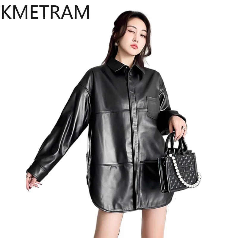 

100% верхний слой овчины, женские черные куртки средней длины из натуральной кожи, женские свободные пальто, осенняя одежда 2025 дубленка