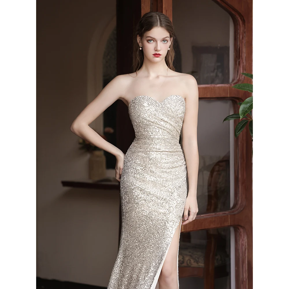 DEERVEADO, 6 colores, vestidos de noche sexis con abertura alta para mujer, vestido largo elegante de sirena para fiesta de boda, vestidos de graduación con lentejuelas