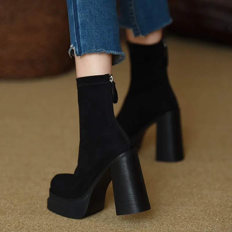 Shoes for Women 2023 Fashion Winter Women Boots Mid-Calf Solid Color Flock High Heels Water Proof Zipper Chunky Heel Shoes Women