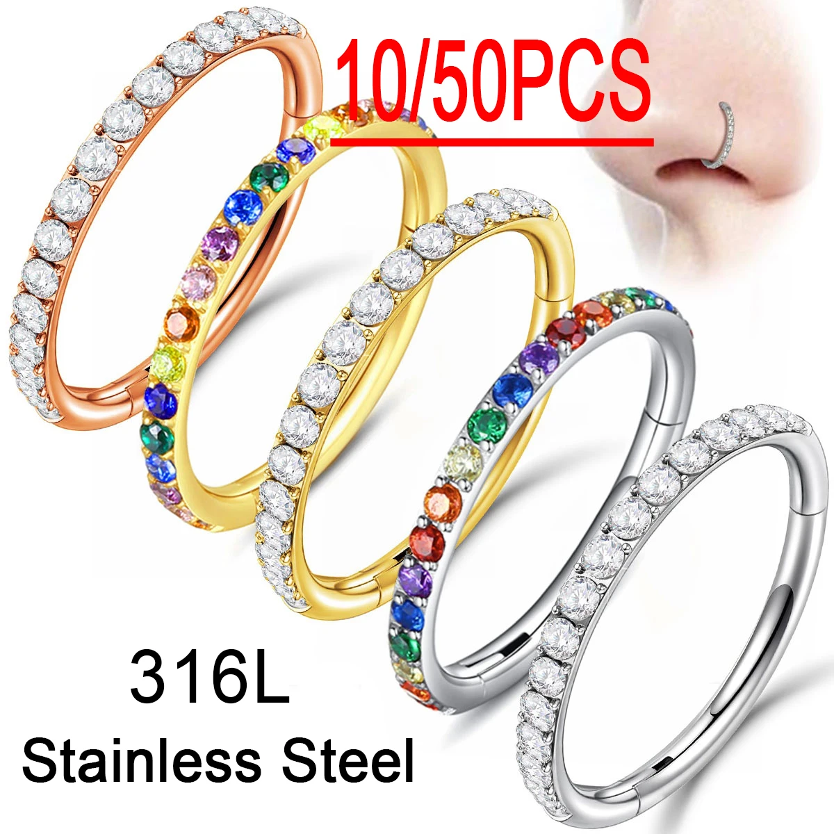 

Оптовая продажа, 10/50 шт.G23, титан 16 г, круглое кольцо в носу, перегородка-кликер, серьги Daith Helix, радужные серьги с фианитом, ювелирные изделия для пирсинга