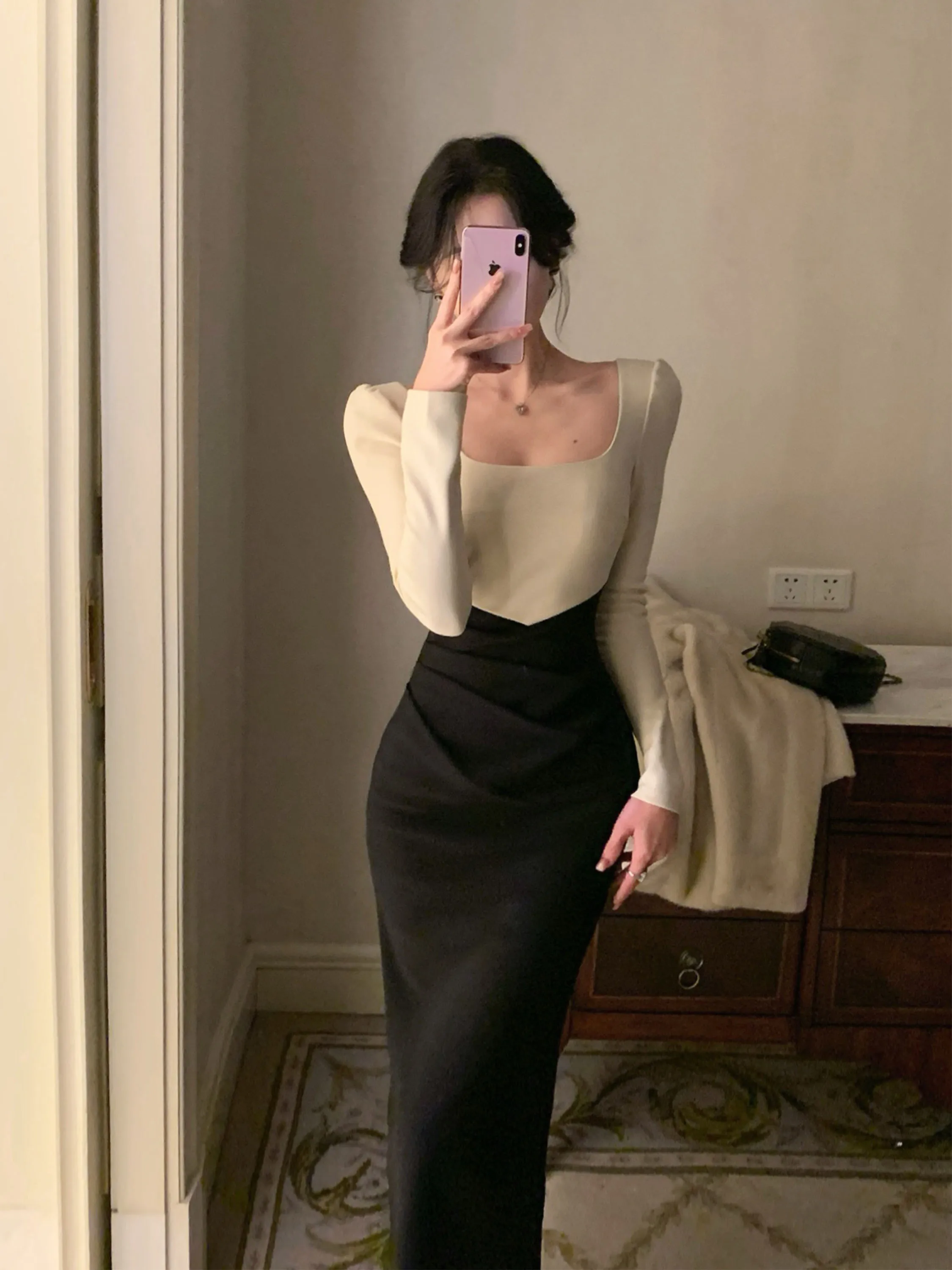 

Вечернее облегающее платье N&U Anor с длинными рукавами, на флисовой подкладке, с завышенной талией, из полиэфирного волокна, X-образного кроя, для коррекции фигуры