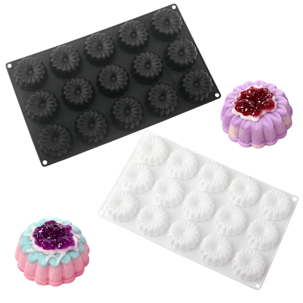 Flache Gänseblümchen-Mousse-Kuchenform mit 15 Mulden, Blume, Schokolade, Dessert, Silikonform, französisches Gebäck, Backform