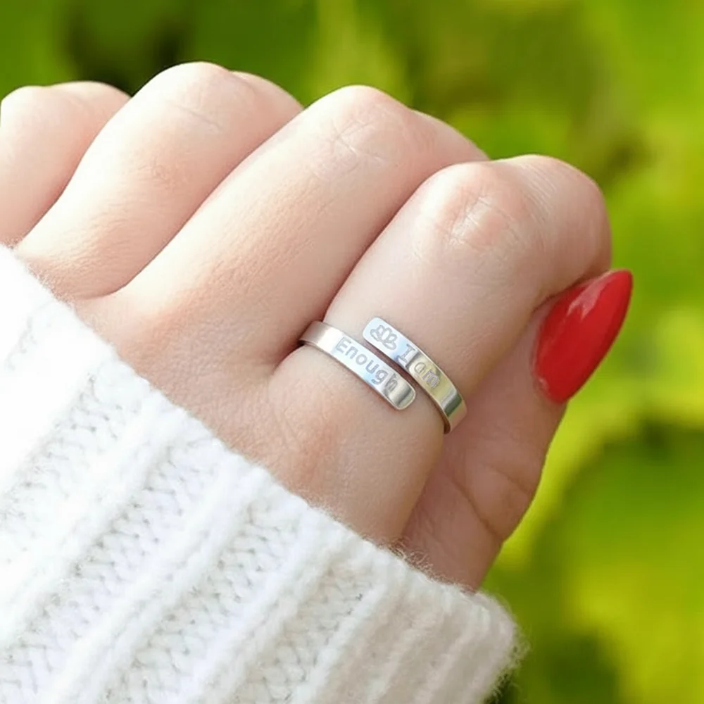 DGIDDK Stainless Steel Letter Ring “I Am Enough” Open-Style Ring Unisex Fashion Minimalist Commuter Finger Jewelry Accessory