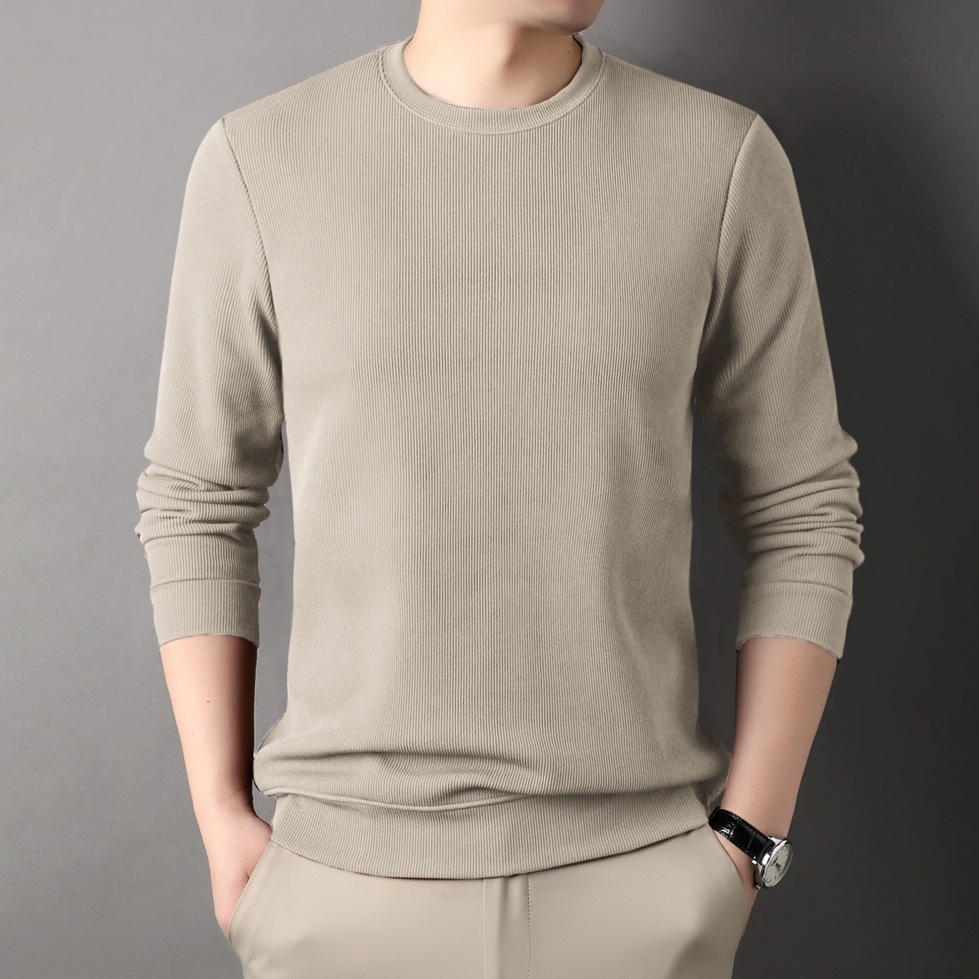 

Spring and Autumn Casual Hoodie Men's Round Neck Solid Color Long Sleeve T-shirt Bottom Shirt Trendy Men's Loose T-shirt
