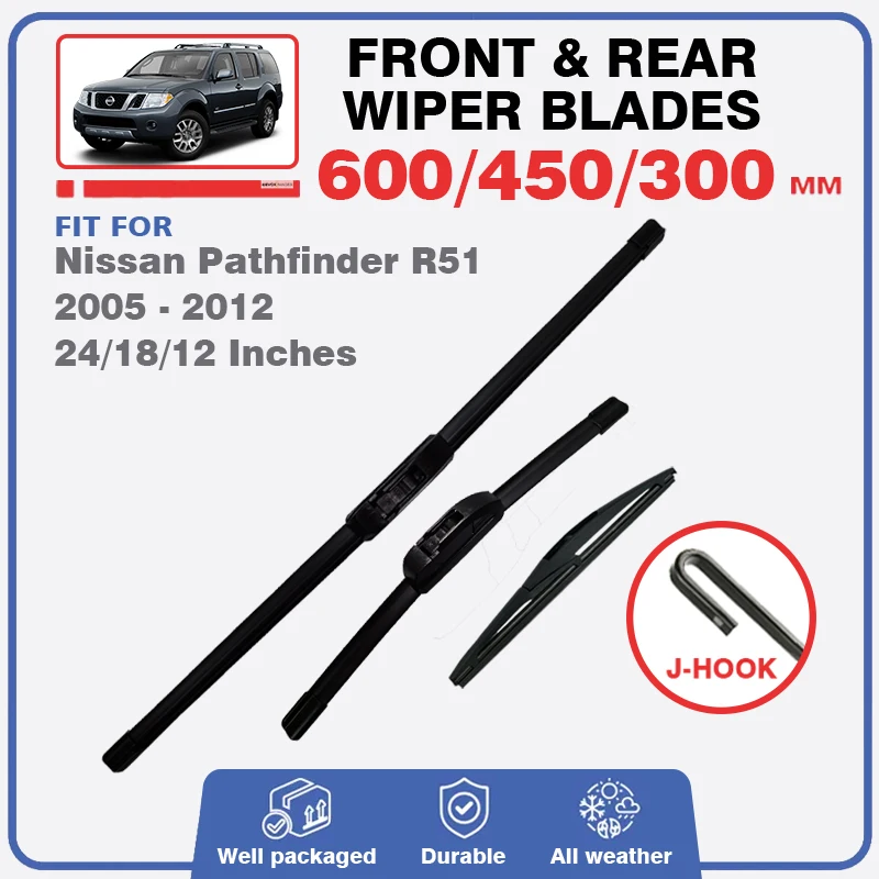 For Nissan Pathfinder R51 2005 - 2012 Front Rear Windscreen Wiper Blade Windshield Window 24"18"12" Fit U Hook Arms Cover Cutter
