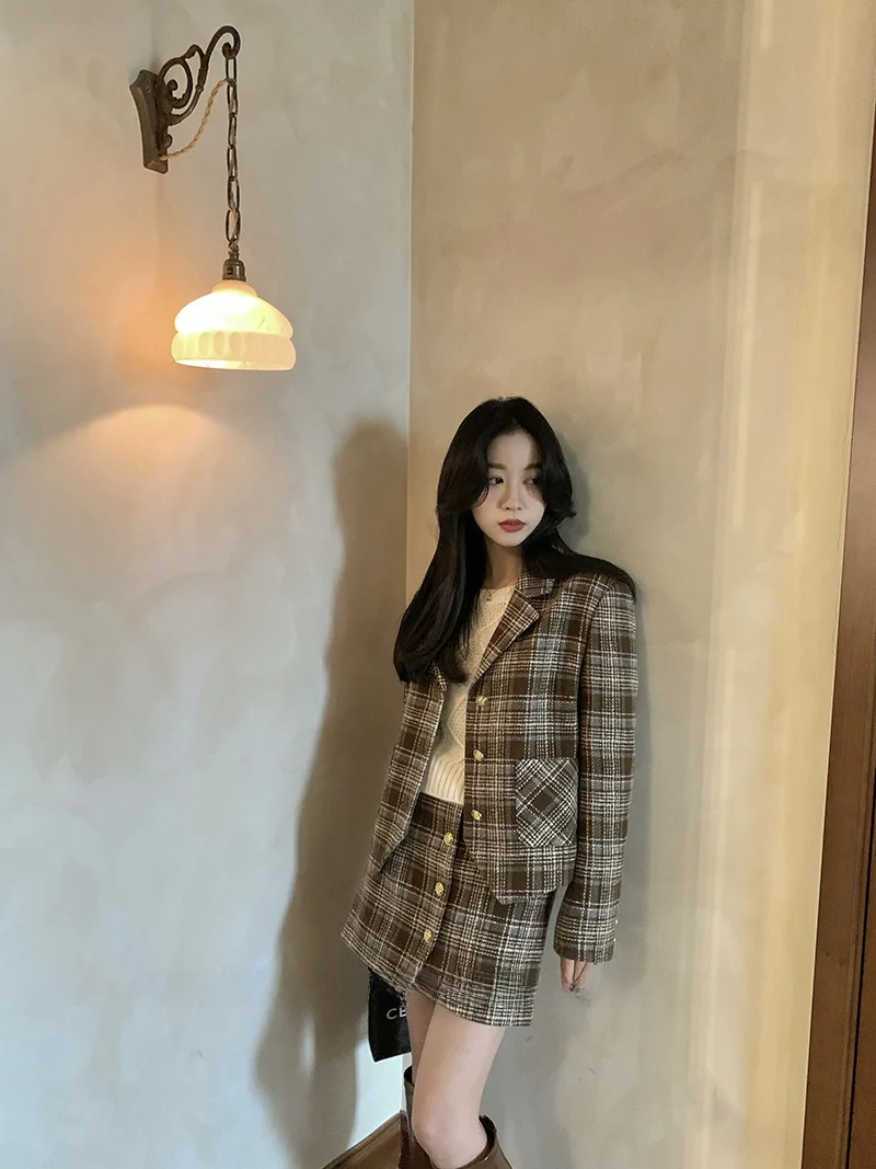 

MMENGJA Name of Love Ultra a Plaid College Sle f Skirt Briti Retro Suit Set Women's Faion Ensemble Winter Collection