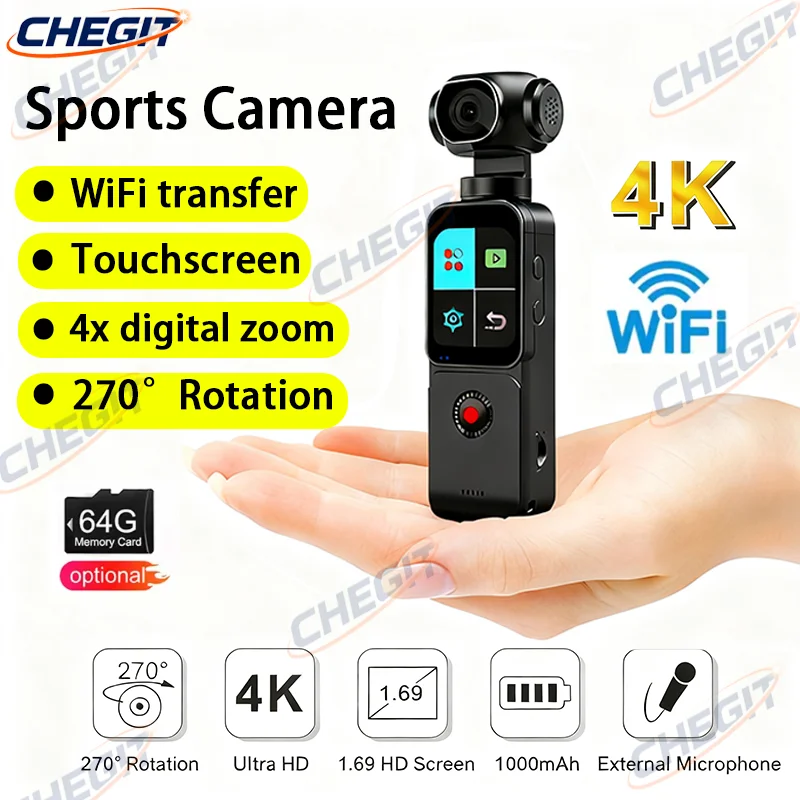 

4K HD Wifi Mini Action Camera Waterproof 270° Rotatable Pocket Sports Cam Anti Shake for Travel Bicycle Driver Recorder