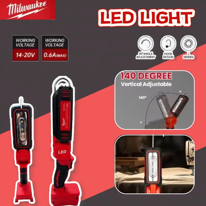 Milwaukee-luz LED de trabajo recargable para acampada, linterna superbrillante con gancho, modos de iluminación aptos para trabajo nocturno, inspección de automóviles