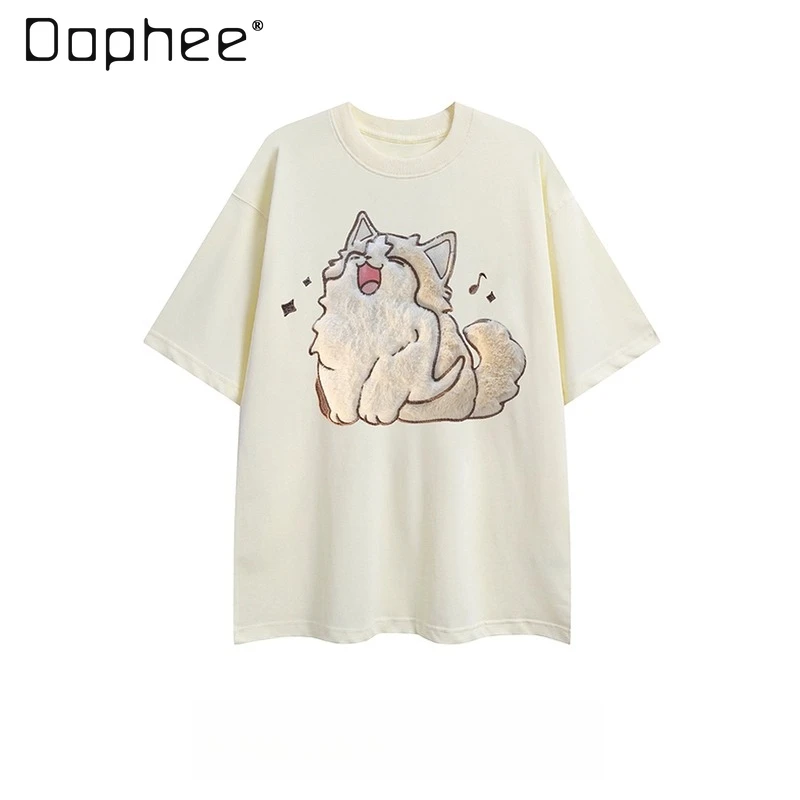 

2025 Summer New Men's Cute Cat Round Neck Short Sleeve Black T-Shirt Street Loose Casual Light Apricot Cotton T-Shirt