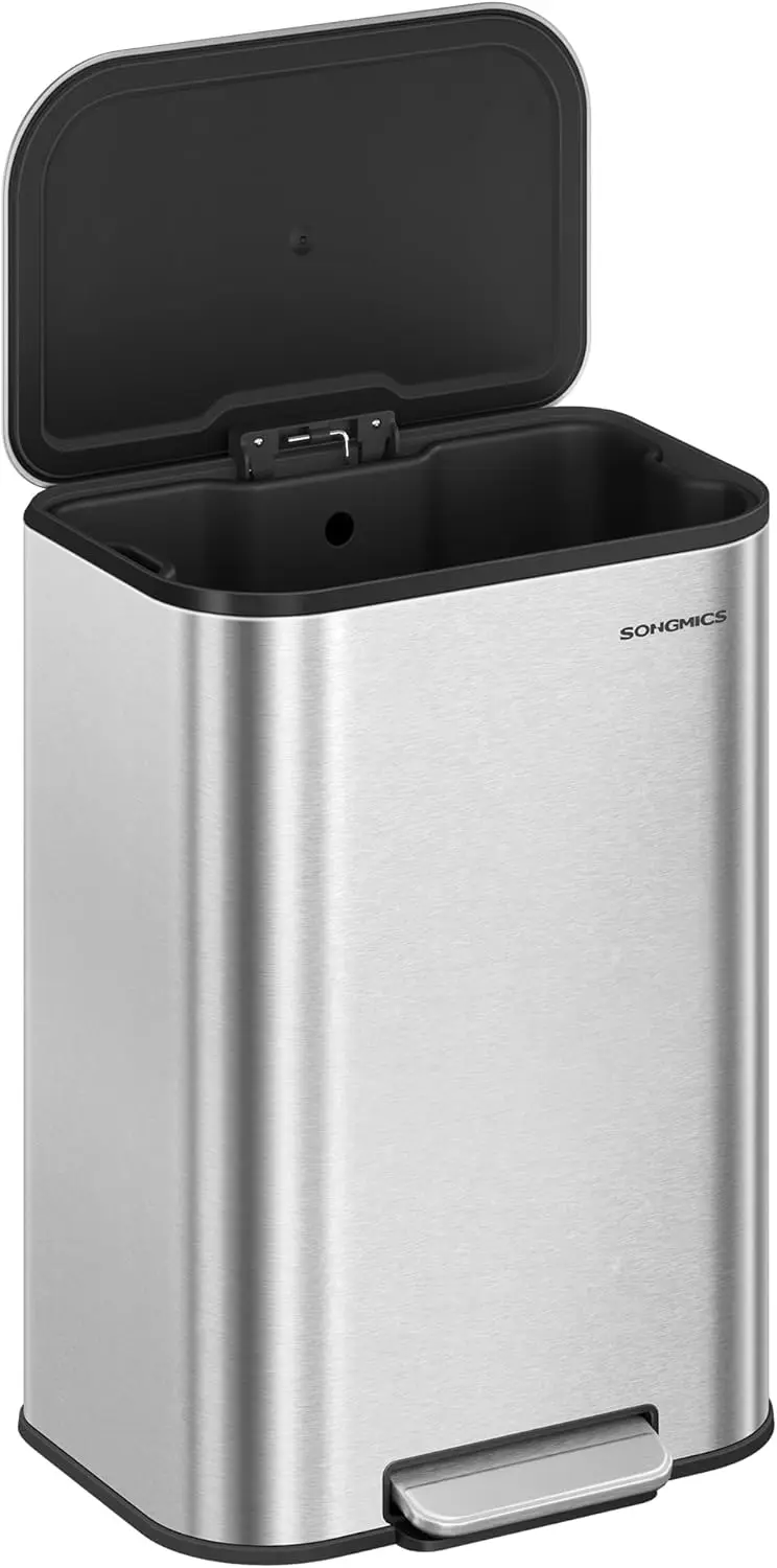

13-Gallon Stainless Steel Kitchen Trash Can with Lid, Soft Close, Inner Bucket, Non-Slip Pedal