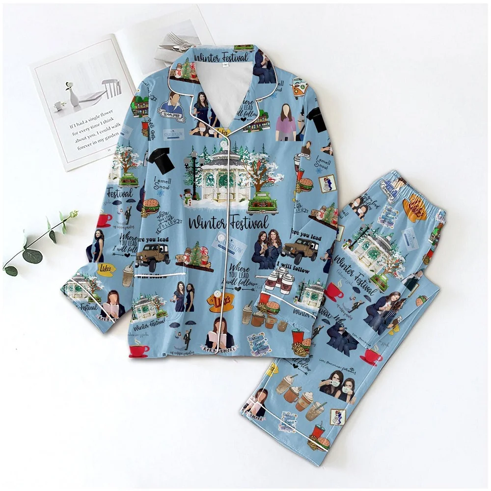 بدلة نسائية مكونة من قطعتين مطبوعة على شكل شجرة عيد الميلاد بأكمام طويلة وأزرار لأعلى، طقم سراويل واسعة الساق، بيجامة مريحة، بدلة كاجوال منزلية