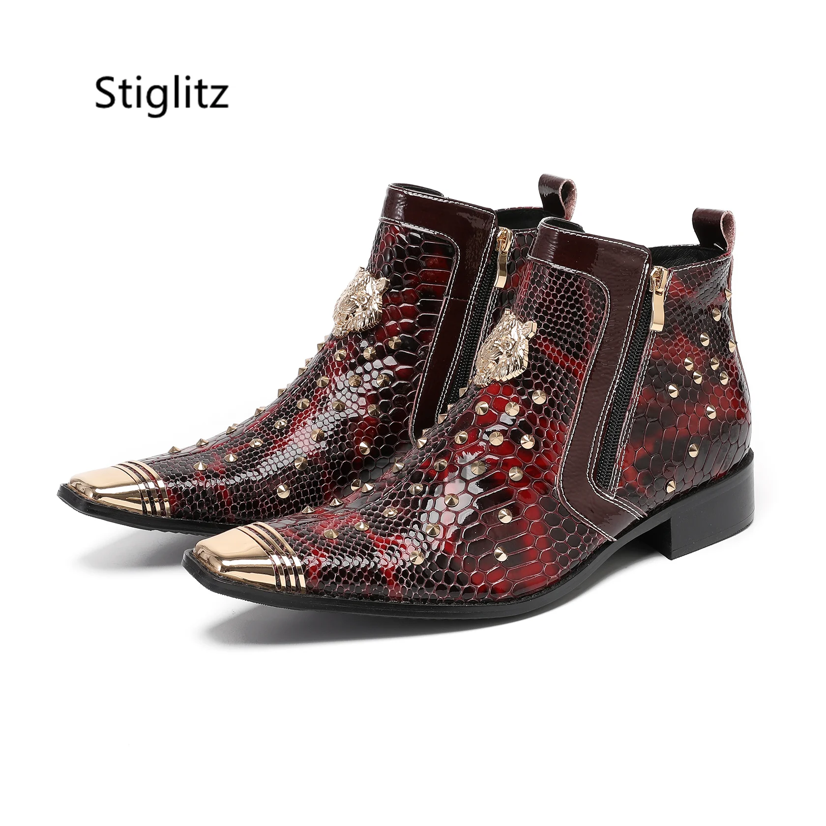 

Alligator Pattern Ankle Boots for Men Wine Red Genuine Leather River Boots Metal Decor Low Heels Luxury Design Wedding Shoes