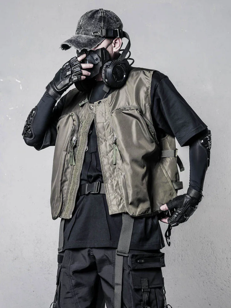 

Dark Gothic Tooling Personality Zipper Sleeveless Vest Loose Waistcoat Techwear Style Streetwear Paratrooper Men's Coat