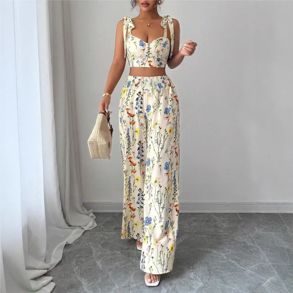 

Women's Sexy Suspender Tube Tops Short Top + Wide-leg Trousers 2 Piece Set Fashion Lace-up Printed Trousers Female Vacation Set