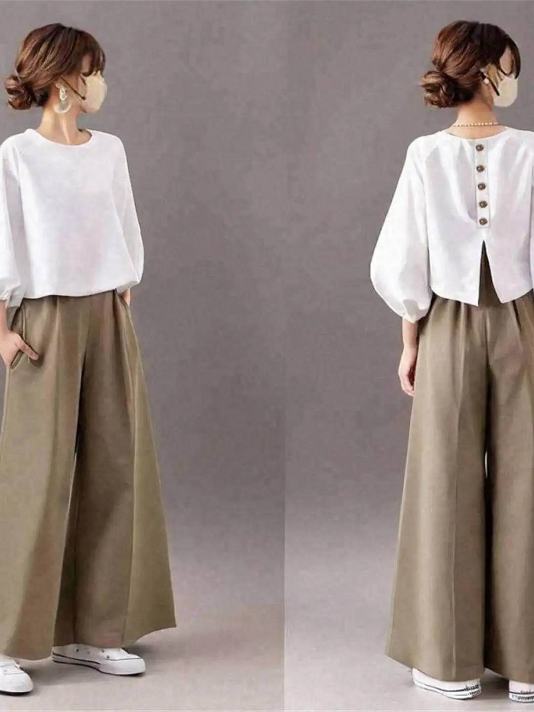 Loose Fit round Neck Lantern Sleeve Seven Quarter Length Loose Elastic Wide Leg Pants Two Piece Set Casual Style Summer Outfi...