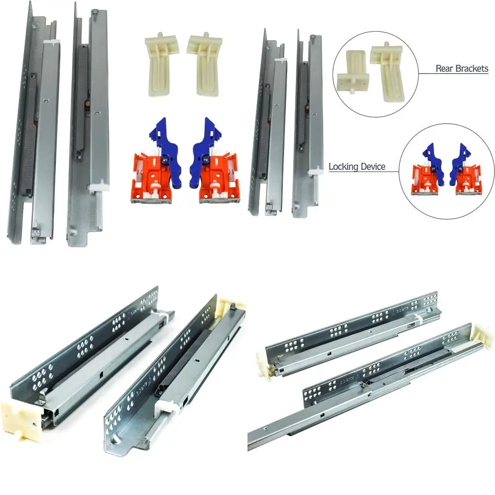 

12-дюймовые направляющие для ящиков с мягким закрыванием, грузоподъемность 100 фунтов, запирающим механизмом, пластиковое заднее крепление, под креплением для плавного управления