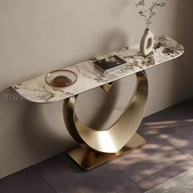 Light Luxury Table For Living Room Rock Slab Countertop Entrance Hall Furniture Heart-Shaped Stainless Steel Base Console Table