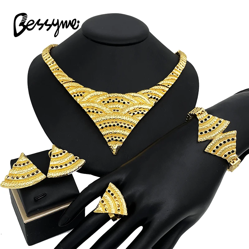 Dubai Gold Color Jewelry Sets For Women Luxury Design Spike Necklace Earring Ring Bracelet Set Jewelry Accessories Daily Wear