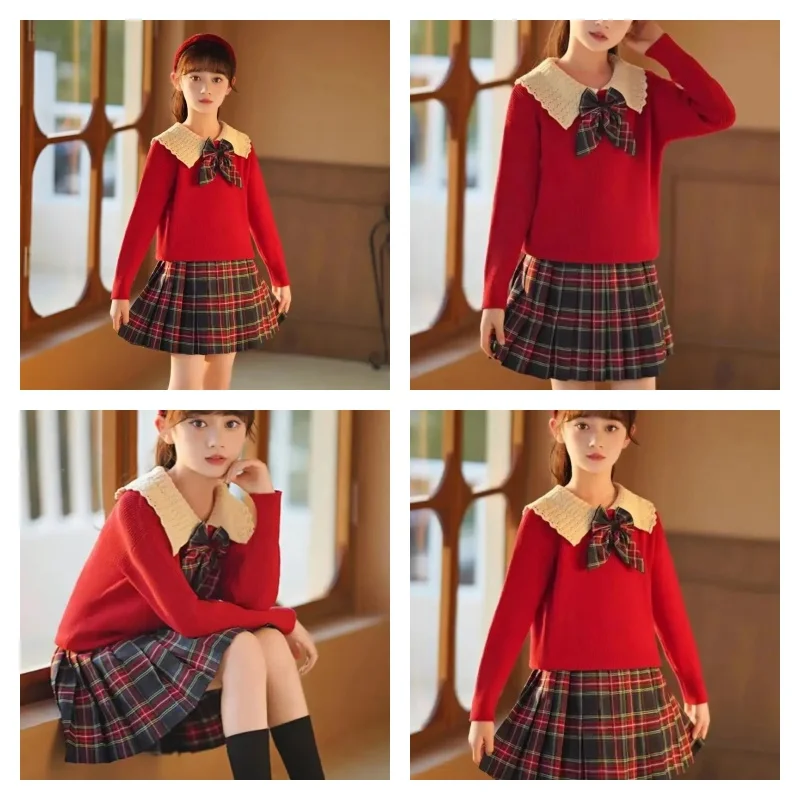 

Популярный Kawaii модный свитер для девочек, комплект с юбкой, студенческий осенне-зимний повседневный топ с лацканами, плиссированная юбка, комплект из 2 предметов, детская одежда