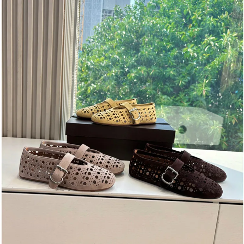 ミニマリスト・メリージェーン・シングルシューズ（レディース）2025 レトロスエードフラットボトムワンライン・ホローホール・通気性バレエダンスシューズ