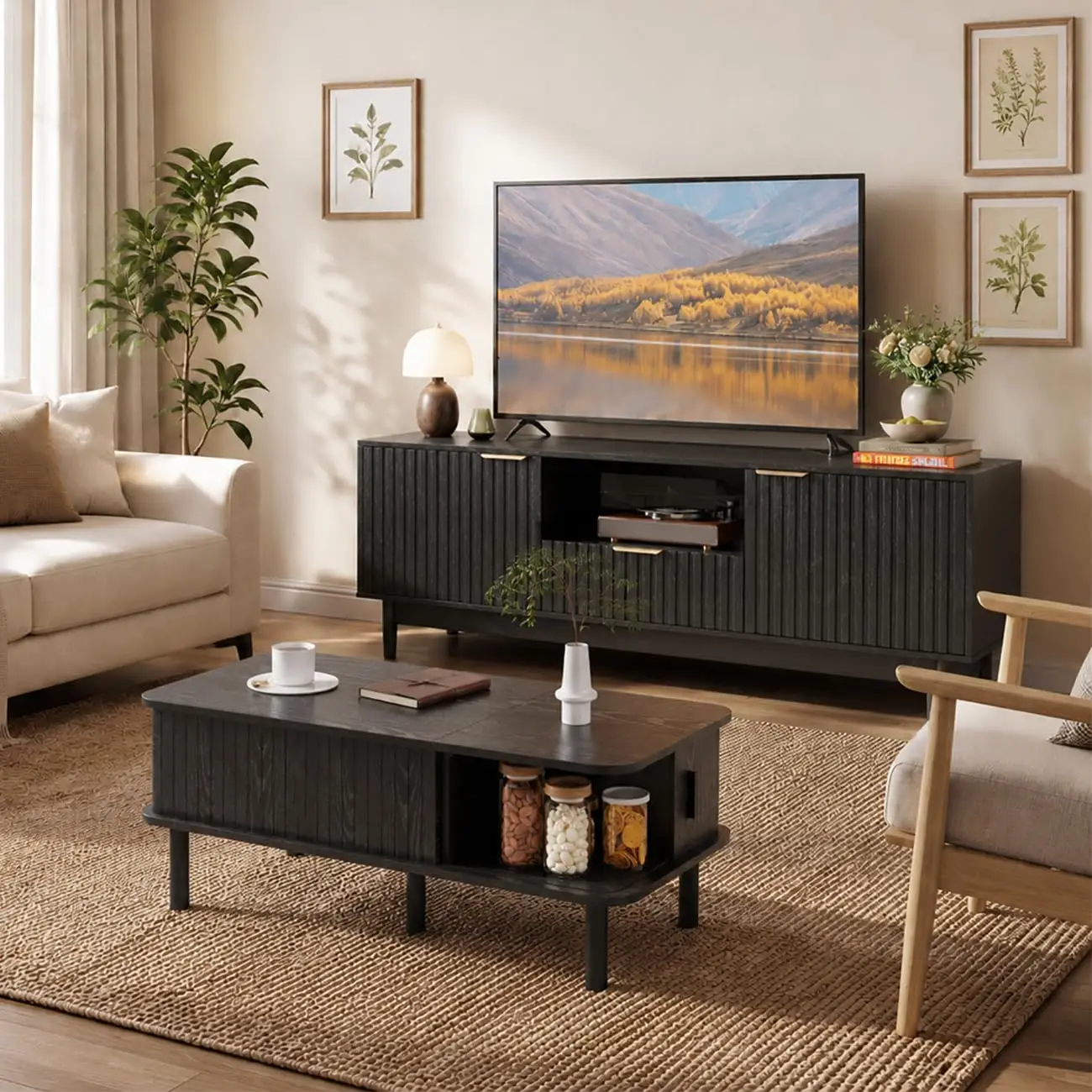 Mid Century Modern TV Stand & Lift Top Coffee Table Set Black Living Room Bedroom Office Furniture, Customized