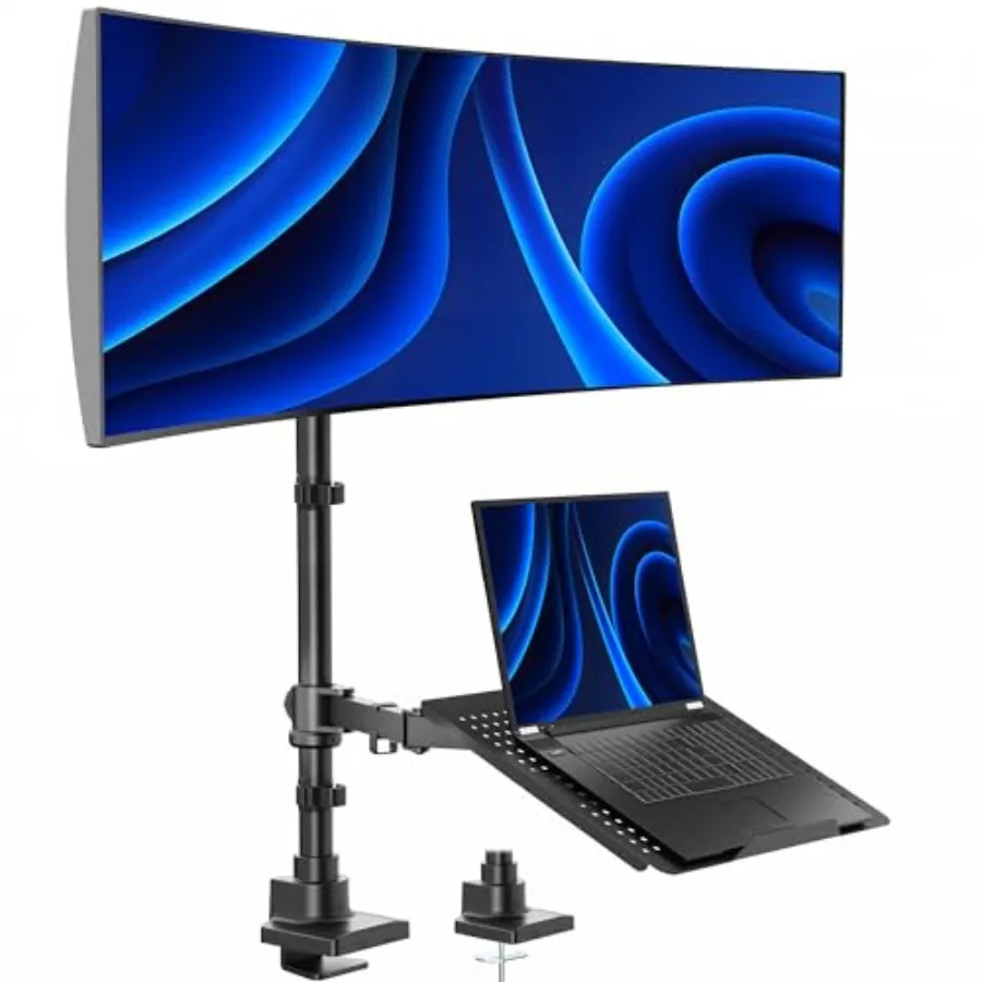 Extra Tall Desk Mount for up to 49 inch Ultra-Wide Monitor and Tray for up to 17 inch Laptop, Clamp-on Adjustable Stand Holds 4