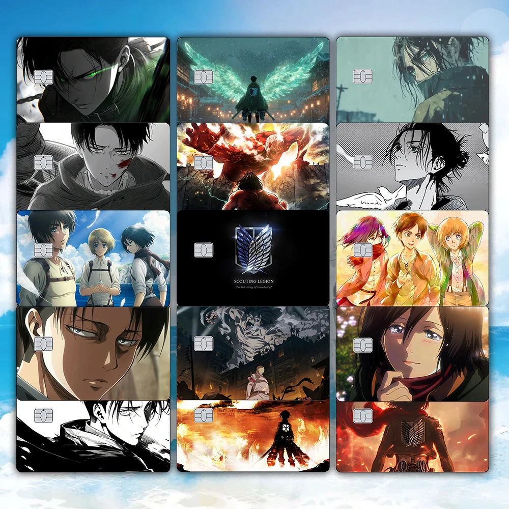 Pegatina de piel de tarjeta de crédito de la serie Anime, pegatinas mate de Eren Jaeger y Mikasa Ackerman para VISA JCB MasterCard y otras tarjetas IC