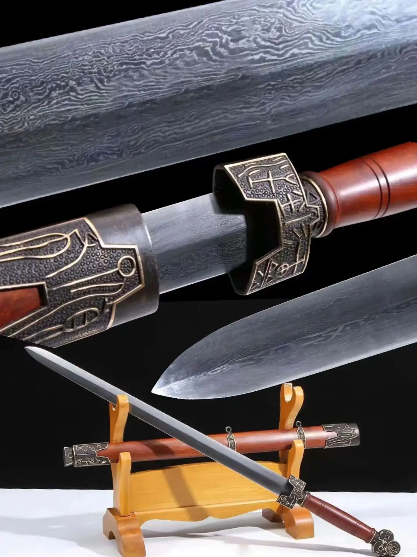 Chinese Ancient Coin Sword, Real Handmade Multi Refined Folded Tempered Patterned Steel Blade, Unsharpened