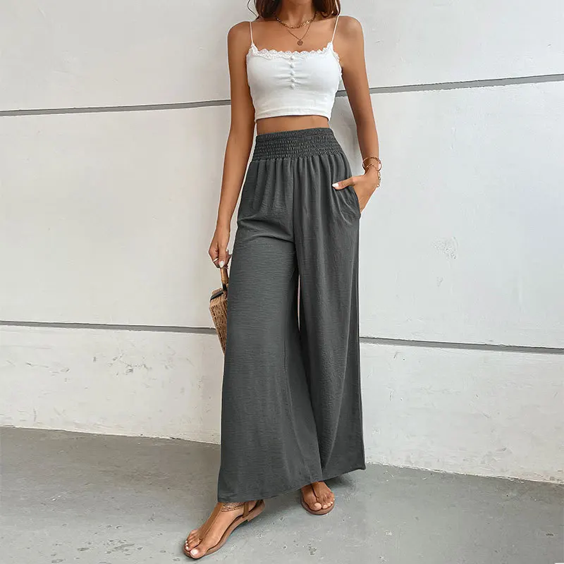 Casual Trousers Summer New Style for Women's Texture and Elastic Waist Wide-leg Pants