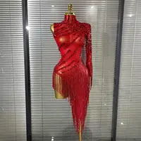 Black Red Women Sexy One Shoulder Shinning Crystal Sequins Tassels Bodycon Mid-calf Dress Nightclub Party Bar Dancer Costumes
